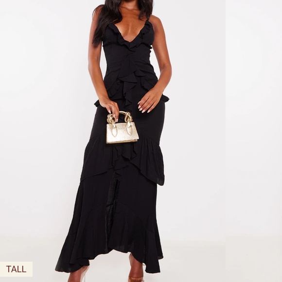 TALL BLACK TEXTURED FRILL MAXI DRESS - Picture 1 of 3